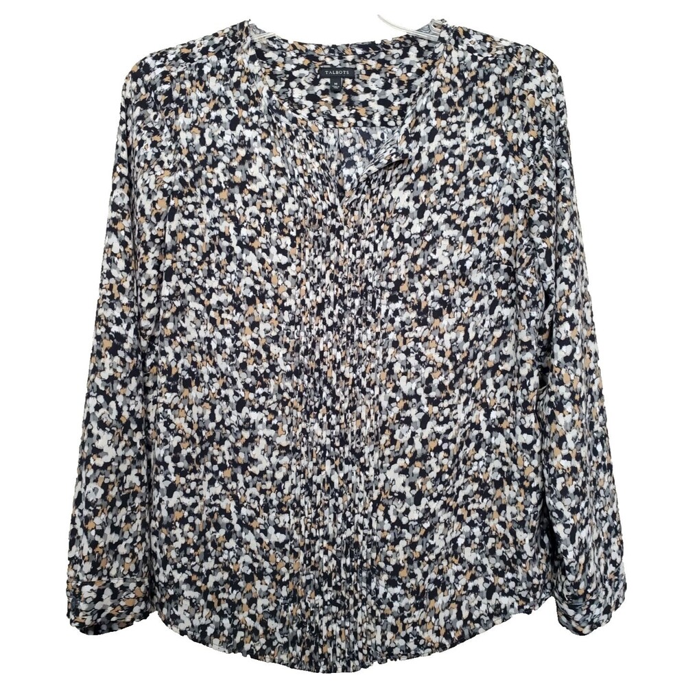 Talbots Abstract Print Pleated Split Neck Long Sleeve Blouse Size Medium
